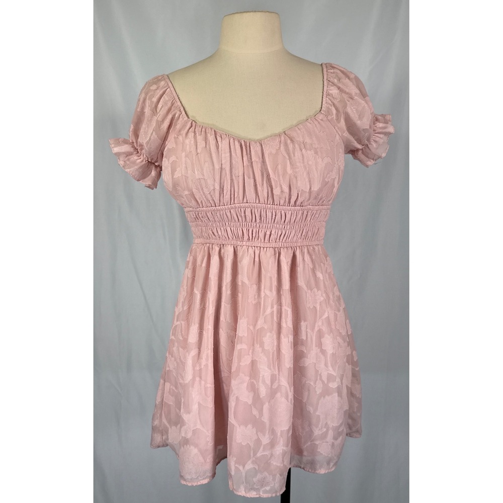 Inspired Hearts Pink Floral Burnout Smocked Mini Dress Small Cottagecore Fairy‎